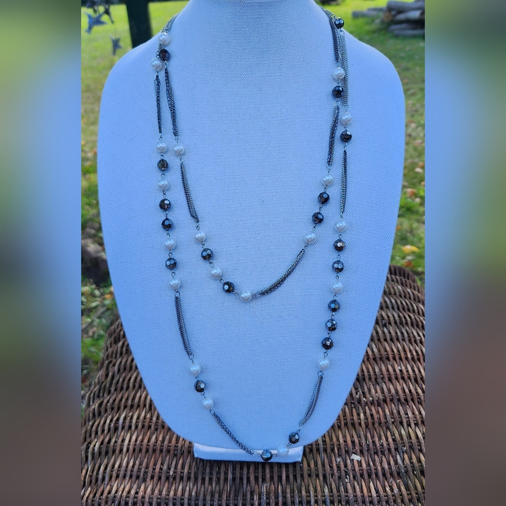 Necklace Express 2 Layer Silver Tone Faux Pearl Faceted Beads 27" 1" Extender